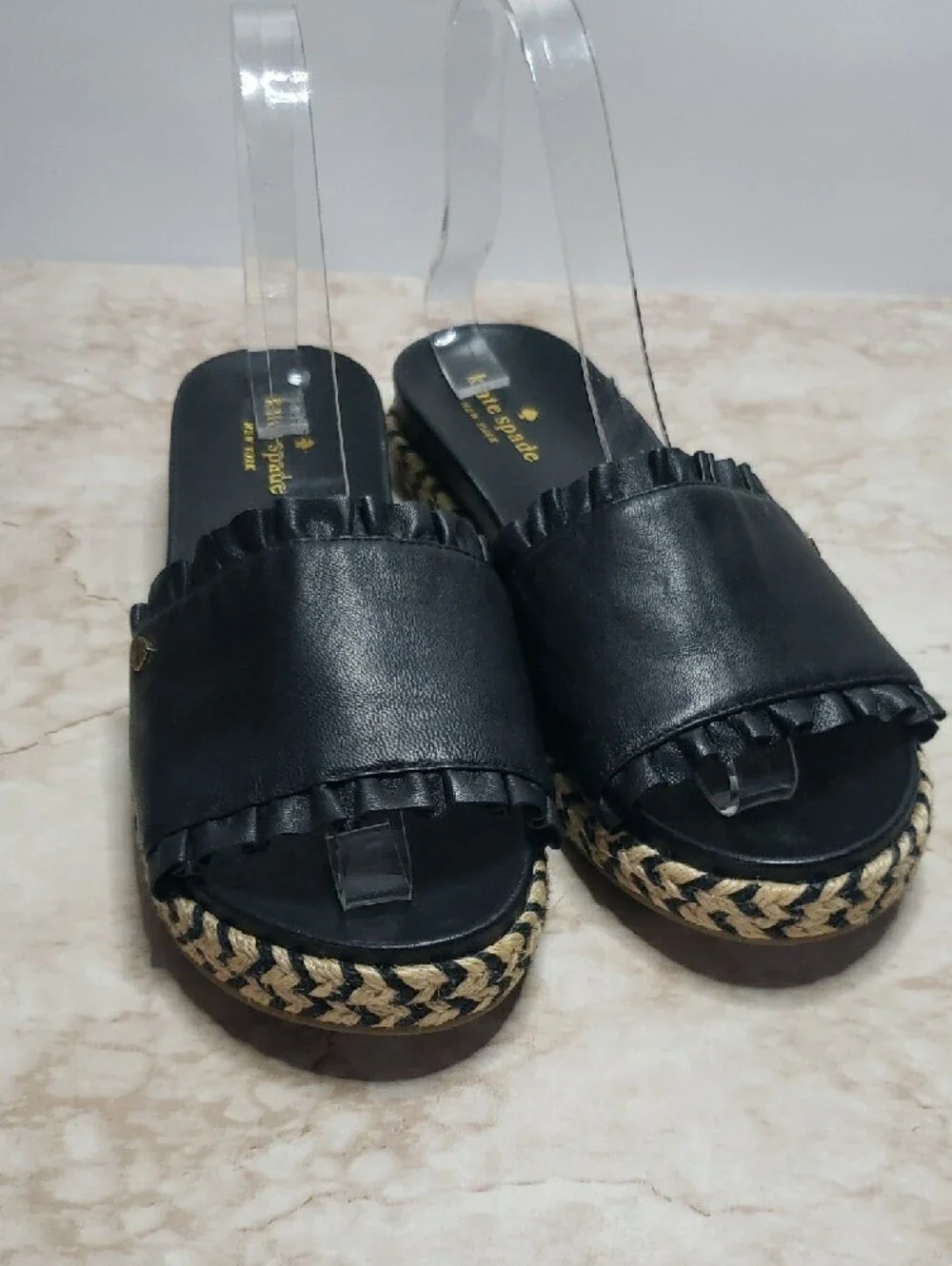 kate spade Black Leather Ruffle Espadrille Slide Sandals with Braided Sole 7.5